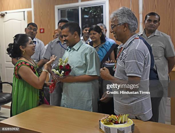 People wish Delhi Chief Minister Arvind Kejriwal on his birthday at his government residence on August 16, 2017 in New Delhi, India. AAP Party Chief...