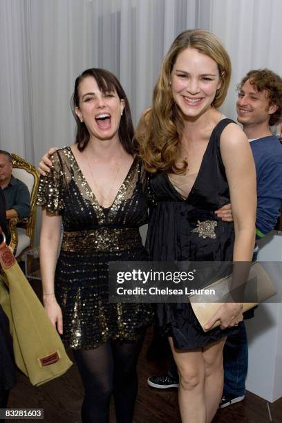 Actresses Mia Kirshner and Jacinda Barrett attend the Pantheon Book Party For "I Live Here" at The Motley Bird Nest on October 14, 2008 in Los...