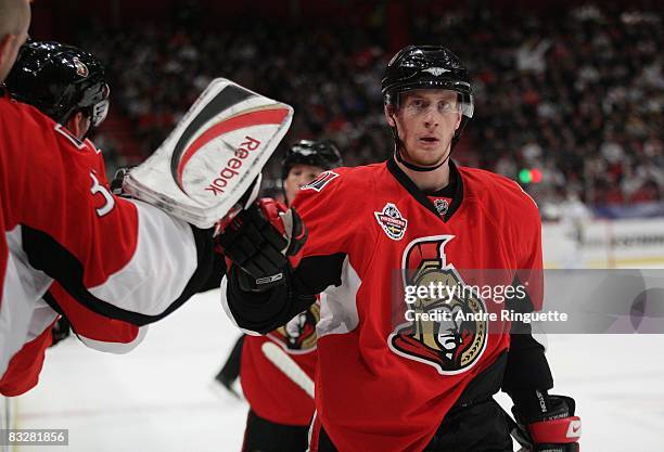 Christoph Schubert of the Ottawa Senators celebrates a goal against the Pittsburgh Penguins at the NHL Premiere Stockholm game at the Globe Arena on...