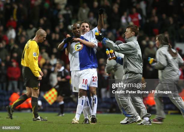 Blackburn Rovers' Benedict McCarthy celebrates at the final whistle