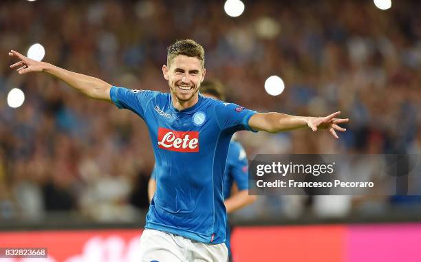 Jorginho of SSC Napoli celebrates after scoring goal 2-0 during the UEFA Champions League Qualifying Play-Offs Round First Leg match between SSC...