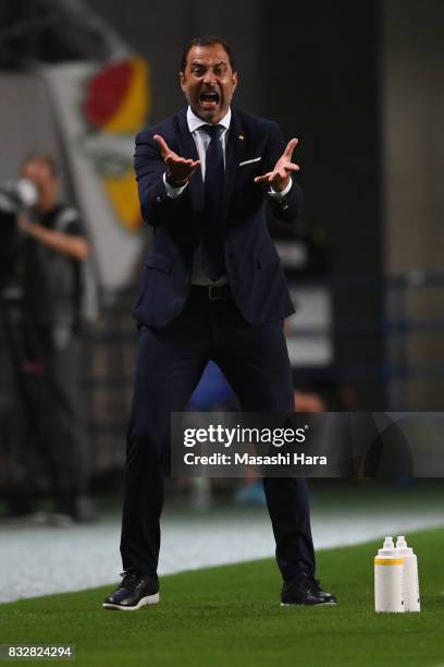 Juan Esnaider,coach of JEF United Chiba looks on during the J.League J2 match between JEF United Chiba and Shonan Bellmare at Fukuda Denshi Arena on...