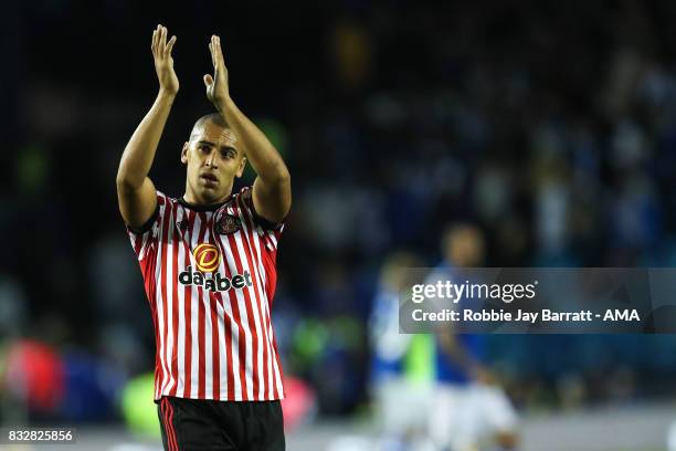 James Vaughan of Sunderland applauds the fans at full time during the Sky Bet Championship match between Sheffield Wednesday and Sunderland at...