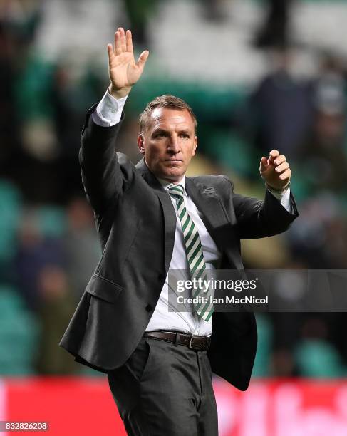 Celtic manager Brendan Rodgers celebrates at full time during the UEFA Champions League Qualifying Play-Offs Round First Leg match between Celtic FC...