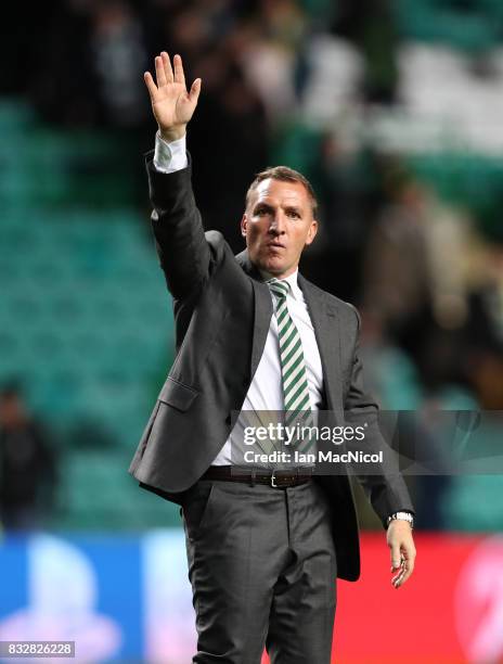 Celtic manager Brendan Rodgers celebrates at full time during the UEFA Champions League Qualifying Play-Offs Round First Leg match between Celtic FC...