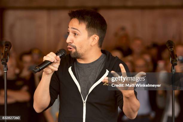 Lin-Manuel Miranda speaks onstage during the #Ham4Ham featuring Lin-Manuel Miranda at the Pantages Theatre on August 16, 2017 in Hollywood,...