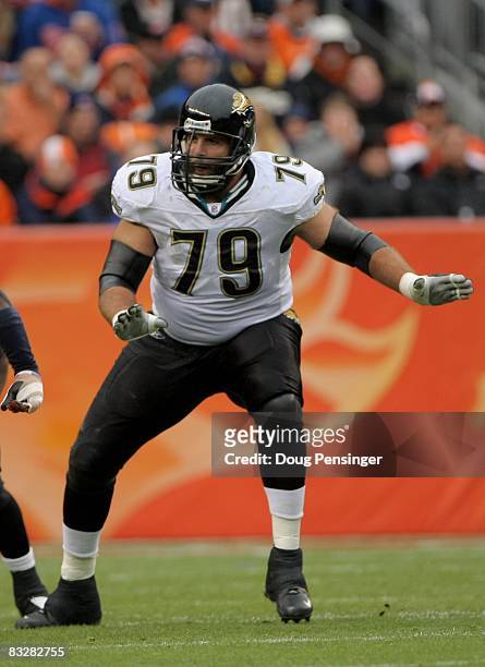 Offensive tackle Tony Pashos of the Jacksonville Jaguars protects the line of scrimmage against the Denver Broncos during NFL action at Invesco Field...