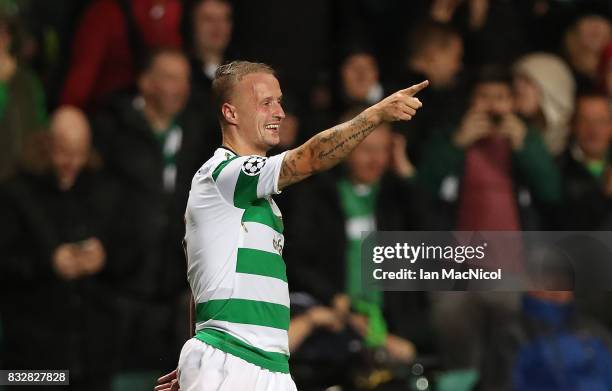 Leigh Griffiths of Celtic celebrates after he scores his team's fifth goal during the UEFA Champions League Qualifying Play-Offs Round First Leg...