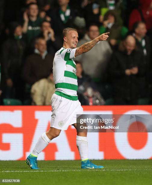 Leigh Griffiths of Celtic celebrates after he scores his team's fifth goal during the UEFA Champions League Qualifying Play-Offs Round First Leg...