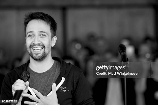 Lin-Manuel Miranda speaks onstage during the #Ham4Ham featuring Lin-Manuel Miranda at the Pantages Theatre on August 16, 2017 in Hollywood,...