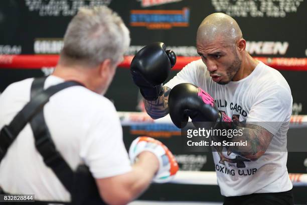 Miguel Cotto and Freddie Roach train during a media workout at Wild Card Gym on August 16, 2017 in Los Angeles, California. Cotto will fight...