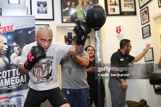Miguel Cotto trains during a media workout at Wild Card Gym on August 16, 2017 in Los Angeles, California. Cotto will fight Yoshihiro "El Maestrito"...
