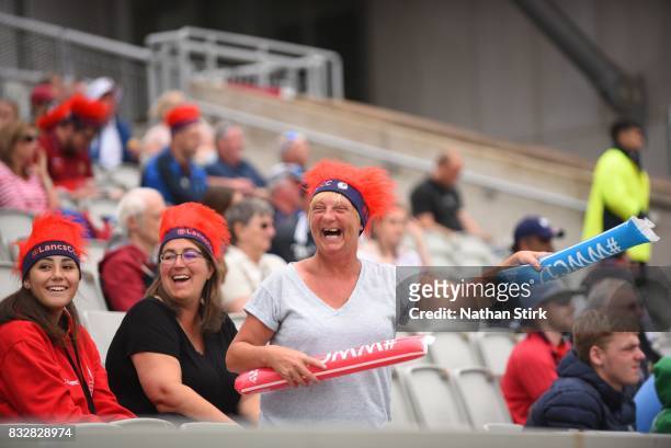 Lancashire Thunder fans laughing during the Kia Super League 2017 match between Lancashire Thunder and Surrey Stars at Old Trafford on August 16,...