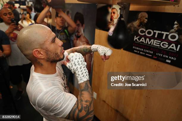 Miguel Cotto trains during a media workout at Wild Card Gym on August 16, 2017 in Los Angeles, California. Cotto will fight Yoshihiro "El Maestrito"...