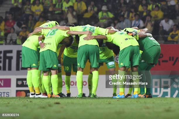 Players of JEF United Chiba huddle during the J.League J2 match between JEF United Chiba and Shonan Bellmare at Fukuda Denshi Arena on August 16,...