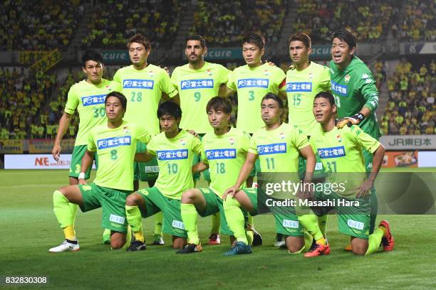 Players of JEF United Chiba pose for photograph prior to the J.League J2 match between JEF United Chiba and Shonan Bellmare at Fukuda Denshi Arena on...