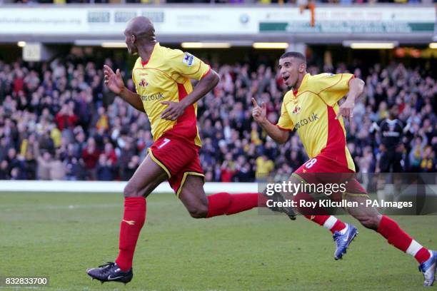 Watford's Damien Francis celebrates scoring against Charlton with Hameur Bouazza during the FA Barclays Premiership match at Vicarage Road, Watford.