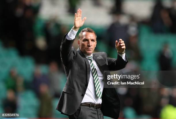 Celtic manager Brendan Rodgers celebrates at full time during the UEFA Champions League Qualifying Play-Offs Round First Leg match between Celtic FC...