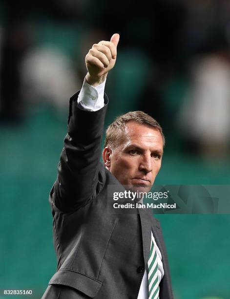 Celtic manager Brendan Rodgers celebrates at full time during the UEFA Champions League Qualifying Play-Offs Round First Leg match between Celtic FC...