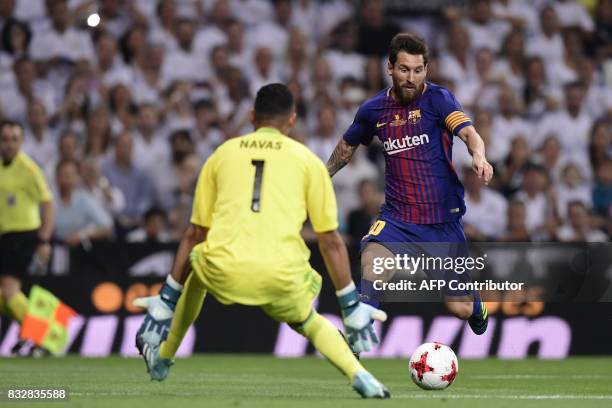 Barcelona's Argentinian forward Lionel Messi vies with Real Madrid's Costa Rican goalkeeper Keylor Navas during the second leg of the Spanish...