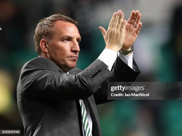 Celtic manager Brendan Rodgers celebrates at full time during the UEFA Champions League Qualifying Play-Offs Round First Leg match between Celtic FC...