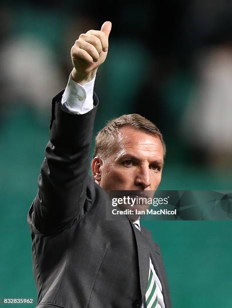 Celtic manager Brendan Rodgers celebrates at full time during the UEFA Champions League Qualifying Play-Offs Round First Leg match between Celtic FC...