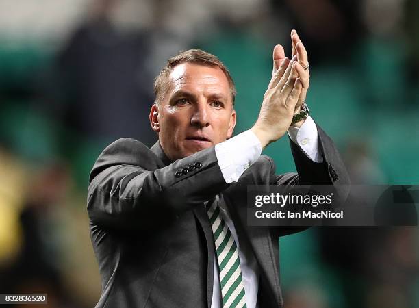 Celtic manager Brendan Rodgers celebrates at full time during the UEFA Champions League Qualifying Play-Offs Round First Leg match between Celtic FC...