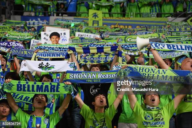 Supporters of Shonan Bellmare cheer prior to the J.League J2 match between JEF United Chiba and Shonan Bellmare at Fukuda Denshi Arena on August 16,...