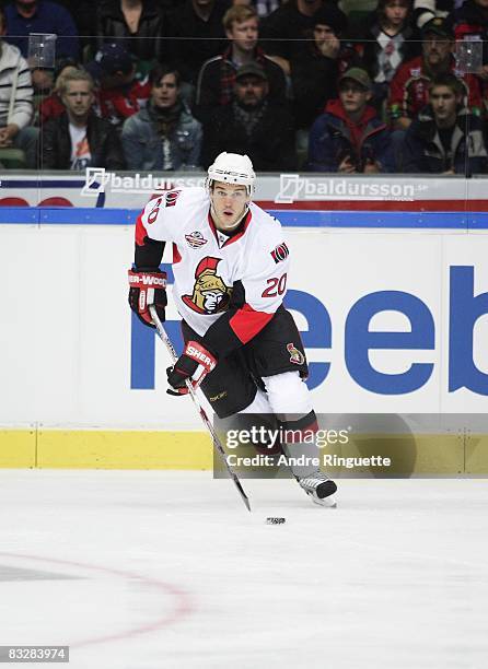 Antoine Vermette of the Ottawa Senators stickhandles the puck against the Frolunda Indians at Scandinavium Arena on October 2, 2008 in Gothenburg,...