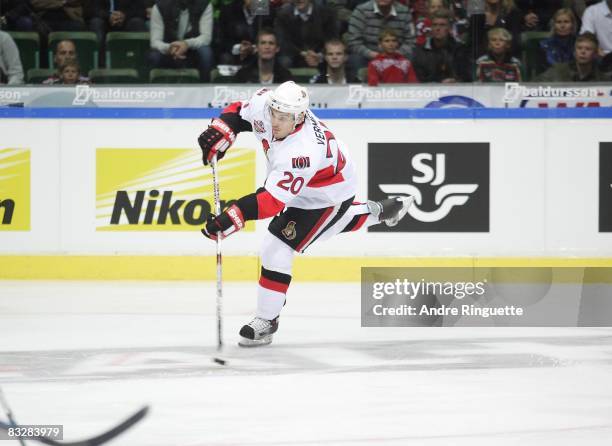 Antoine Vermette of the Ottawa Senators shoots the puck against the Frolunda Indians at Scandinavium Arena on October 2, 2008 in Gothenburg, Sweden.