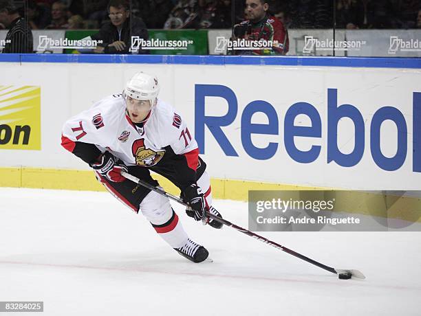 Nick Foligno of the Ottawa Senators stickhandles the puck against the Frolunda Indians at Scandinavium Arena on October 2, 2008 in Gothenburg, Sweden.