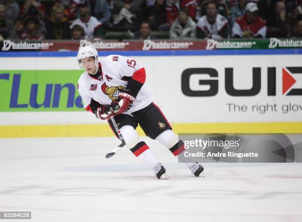 Dany Heatley of the Ottawa Senators skates against the Frolunda Indians at Scandinavium Arena on October 2, 2008 in Gothenburg, Sweden.