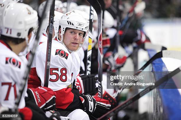 Cody Bass of the Ottawa Senators looks on from the bench against the Frolunda Indians at Scandinavium Arena on October 2, 2008 in Gothenburg, Sweden.