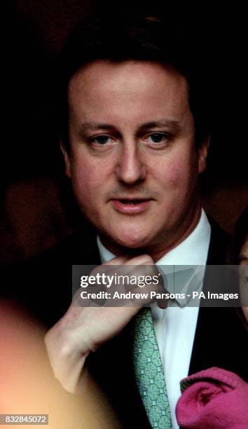 Tory party leader David Cameron leaves Christ Church, Kensington, after attending the wedding of Jane Hardman and Alan Parker.