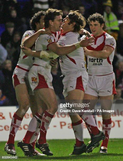 St Helens Matt Gidley celebrates with Keiron Cunningham after his first try of the second half against Warrington during the engage Super League...