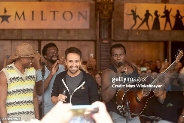 Keenan D. Washington, Michael Luwoye, Lin-Manuel Miranda and Joshua Henry perform onstage during the #Ham4Ham featuring Lin-Manuel Miranda at the...