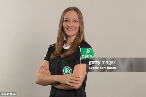 Referee Vanessa Arlt poses during a DFB photocall at Sportschule Kaiserau on August 12, 2017 in Kamen, Germany.