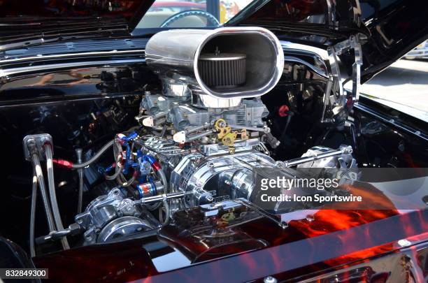 Massive chromed V8 engine is housed in a 1957 Chevy 3100 at the Hot August Nights Custom Car Show the largest nostalgic car show in the world on...
