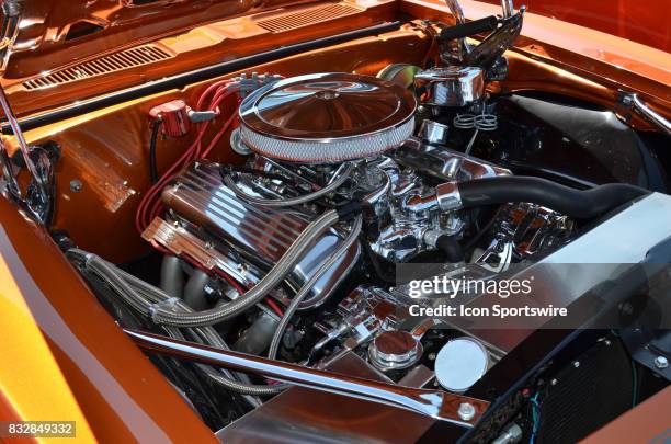 Beautiful chromed big block V8 engine in a 1967 Chevy Camero on display at the Hot August Nights Custom Car Show the largest nostalgic car show in...