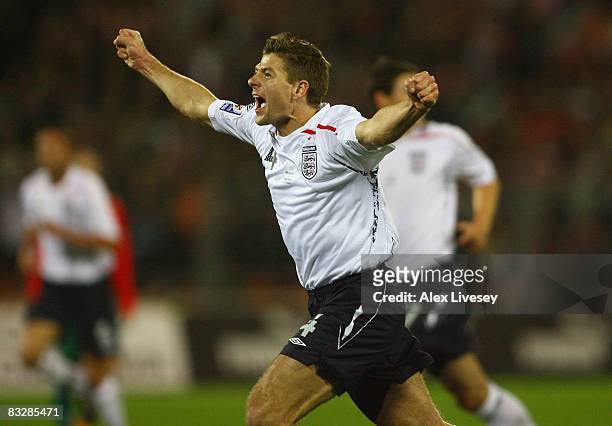 Steven Gerrard of England celebrates after scoring the opening goal during the FIFA2010 World Cup group six Qualifying match between Belarus and...