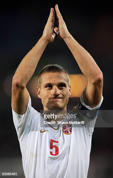 Nemanja Vidic of Serbia acknowledges the crowd during the FIFA 2010 World Cup Qualifying Group 7 match between Austria and Serbia at the Ernst Happel...