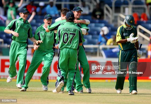 Ireland's Davis Langford-Smith celebrates after taking the wicket of Pakistan's Mohammed Hafeez during the ICC Cricket World Cup 2007, Group C match...