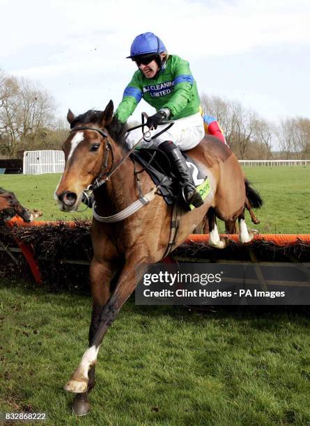 Wizard of Us ridden by Alan O'Keeffe clears the last fence as they run in to win the 2.10 Totescoop6 Novices Handicap Hurdle Race at Uttoxeter...