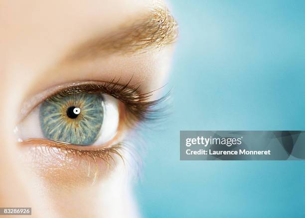 close-up of a woman blue eye on blue background - woman blue eyes stock pictures, royalty-free photos & images