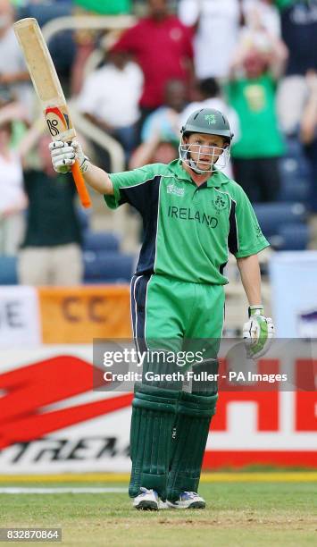 Irish batsman Niall O'Brien celebrates a half century as Ireland take on Pakistan in the second match of the ICC Cricket World Cup 2007, Group C...