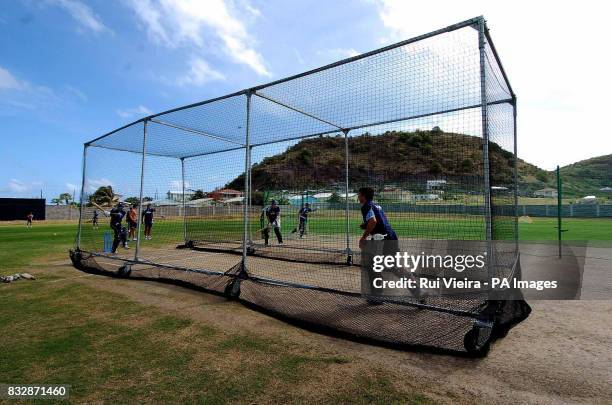 Scotland's players in the nets during a practice session at Conaree Ground, Conaree District, Basseterre, St Kitts.