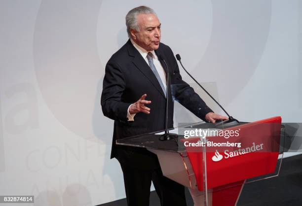 Michel Temer, Brazil's president, speaks during the Annual Santander Conference in Sao Paulo, Brazil, on Wednesday, Aug. 16, 2017. Temer announced...