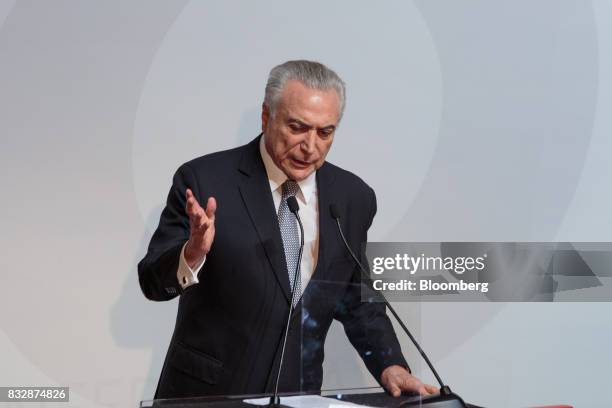 Michel Temer, Brazil's president, speaks during the Annual Santander Conference in Sao Paulo, Brazil, on Wednesday, Aug. 16, 2017. Temer announced...