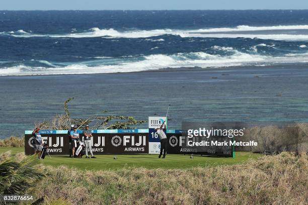 Vijay Singh of Fiji hits his tee shot on the 16th hole during day one of the 2017 Fiji International at Natadola Bay Championship Golf Course on...