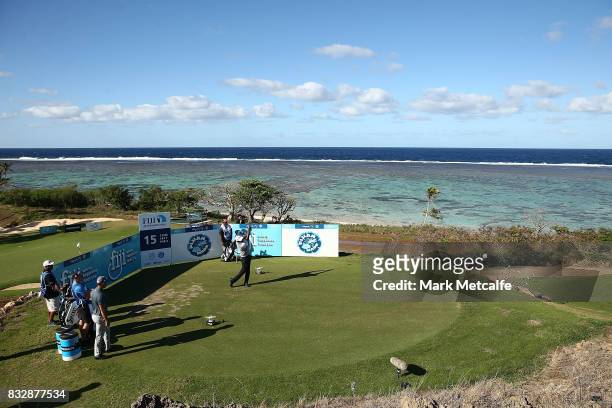 Vijay Singh of Fiji hits his tee shot on the 15th hole during day one of the 2017 Fiji International at Natadola Bay Championship Golf Course on...
